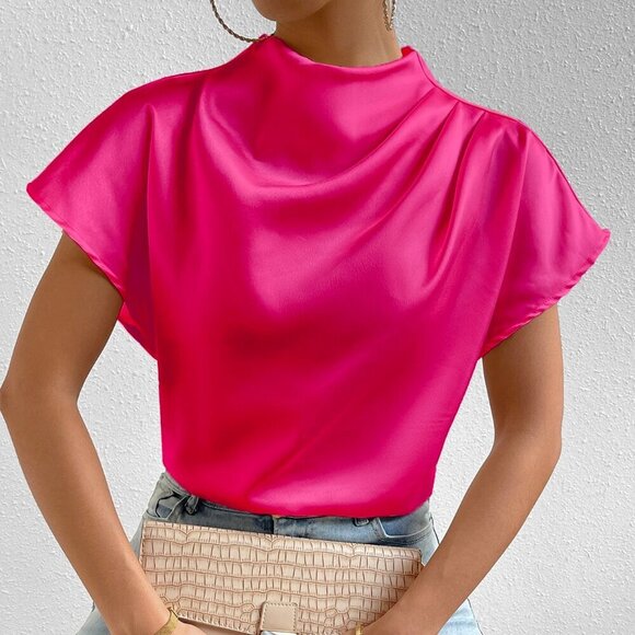Hot Pink Party Women's Mock Neck Batwing Sleeve Satin Blouse - Picture 4 of 6